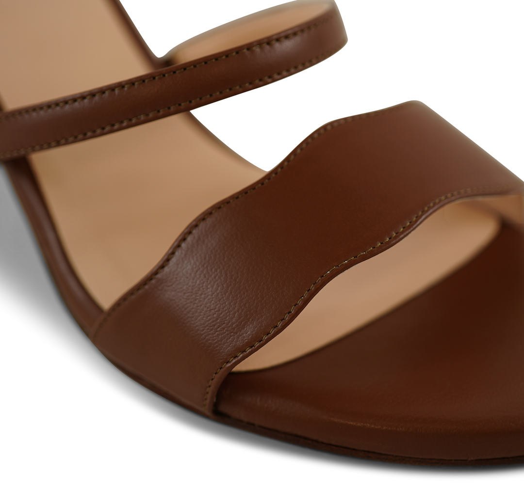 The Audrey sandal with 70mm heel height toe straps in Douala shade