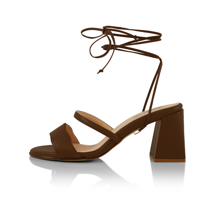 The Audrey sandal with 70mm heel height with the modern straps in Douala shade