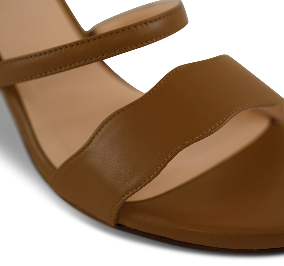 The Audrey sandal with 70mm heel height toe straps in Enugu shade