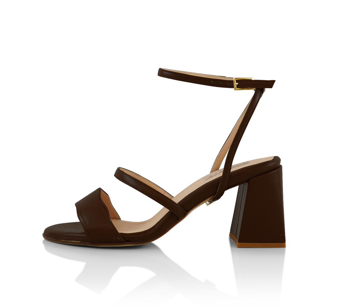 The Audrey sandal with 70mm heel height with the classic straps in Juba shade