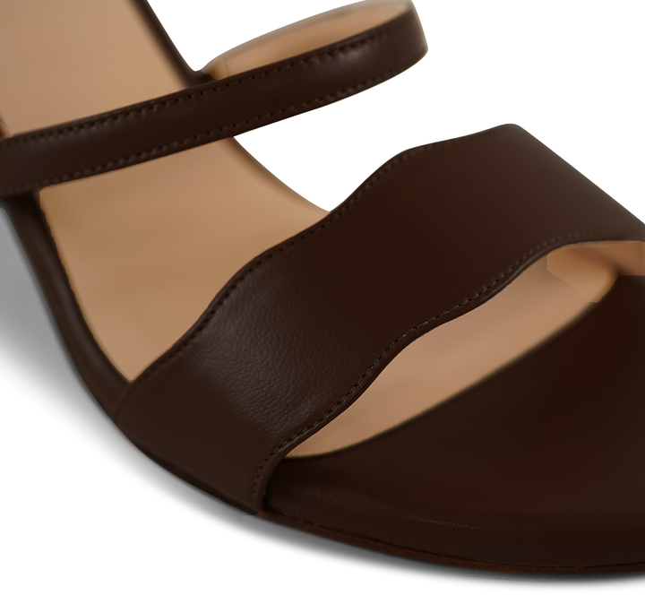 The Audrey sandal with 70mm heel height toe straps in Juba shade