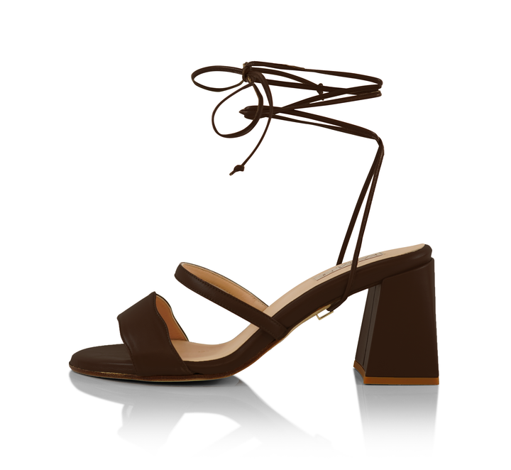 The Audrey sandal with 70mm heel height with the modern straps in Juba shade