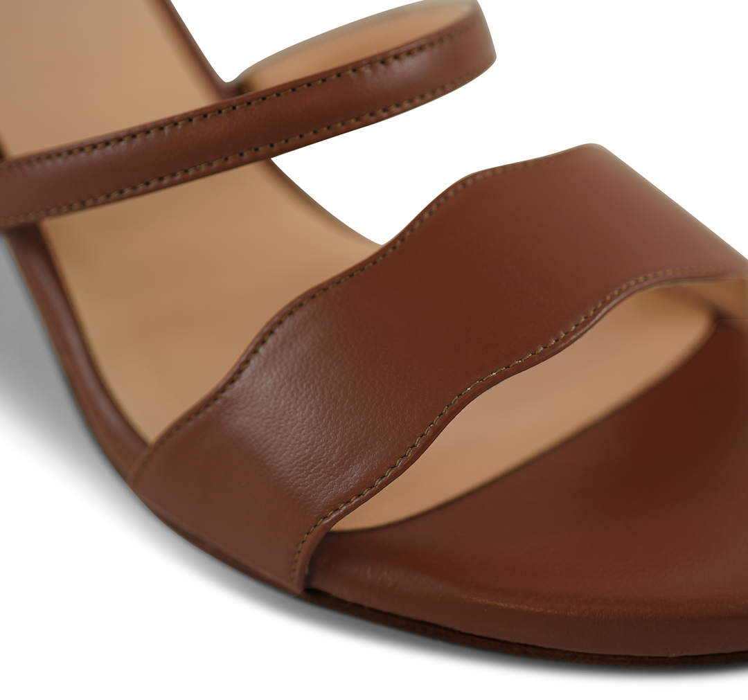 The Audrey sandal with 70mm heel height toe straps in Kumasi shade