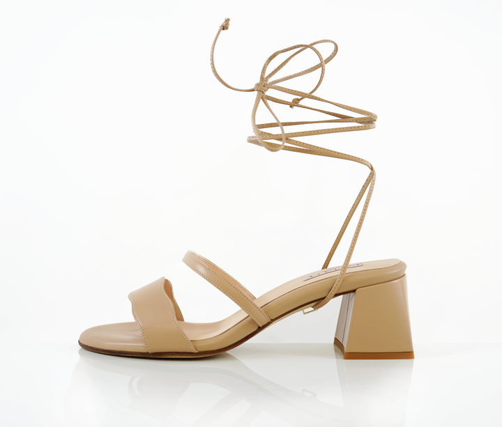 An Audrey Sandal shoe with a 50mm heel height and Bogota shade and long straps
