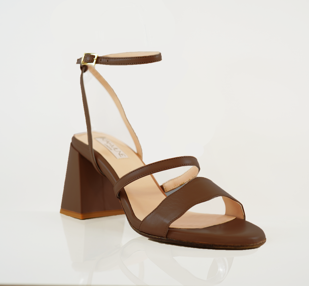 The Audrey Sandal with a 50mm heel height in our Douala shade classic straps