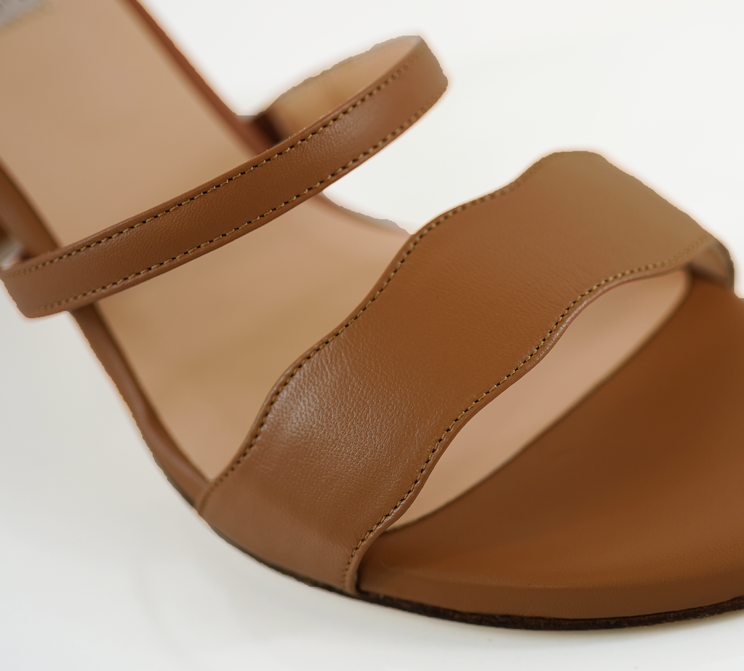 An Audrey Sandal shoe with a 50mm heel height and Enugu shade top of shoe