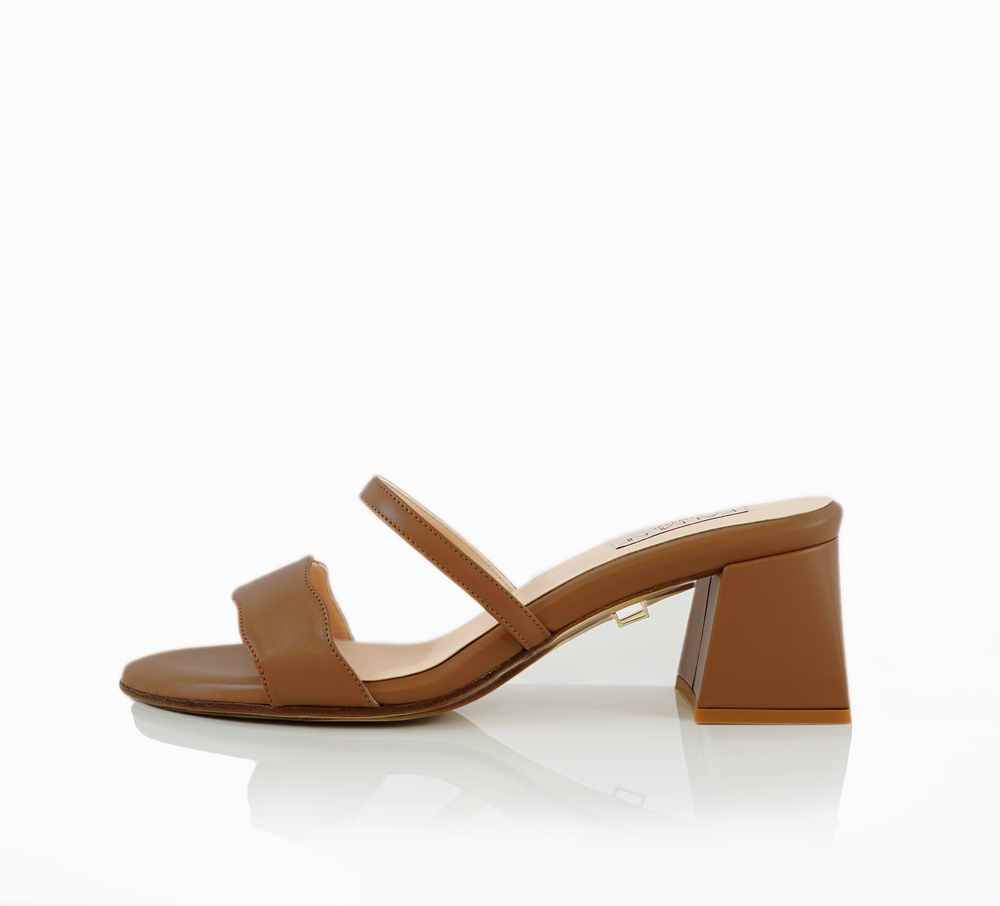An Audrey Sandal shoe with a 50mm heel height and Enugu shade no straps