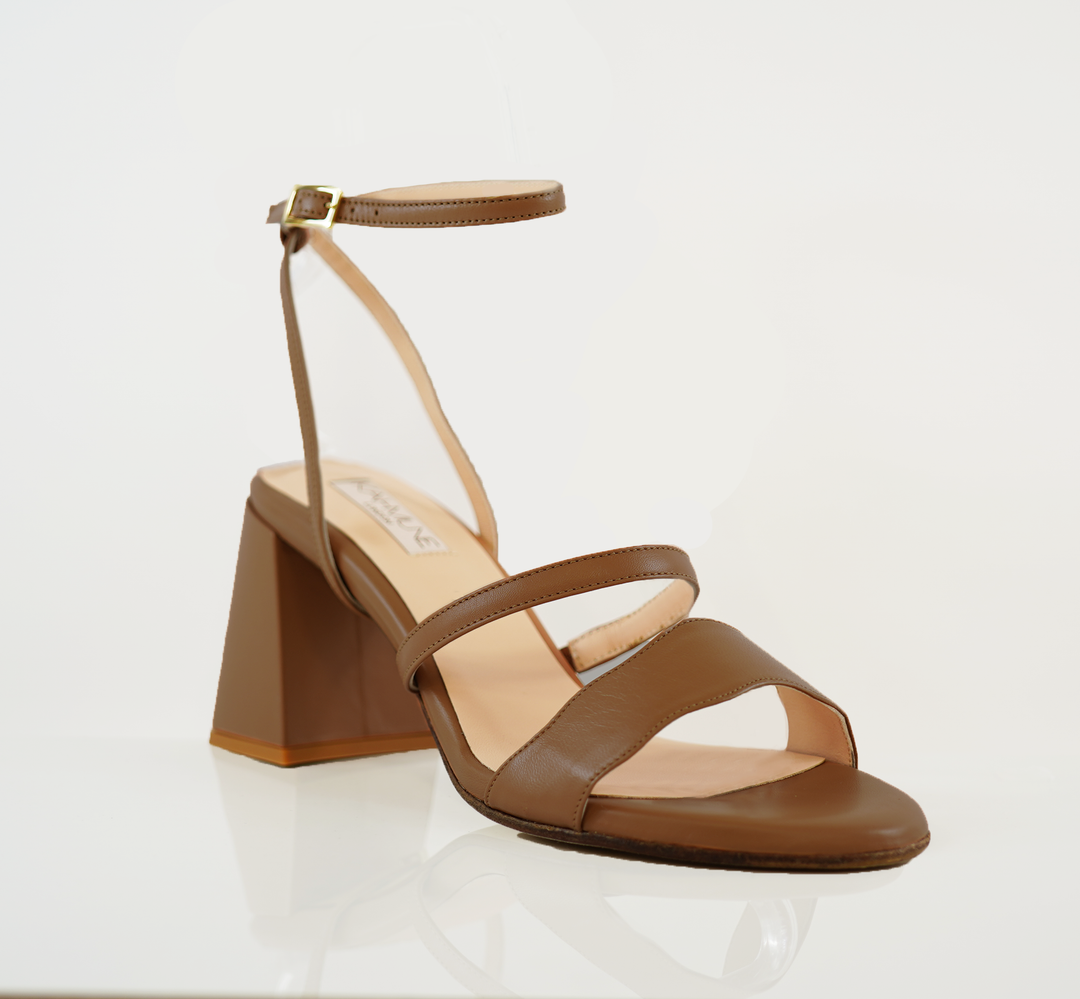 An Audrey Sandal shoe with a 50mm heel height and Kumasi shade with classic strap