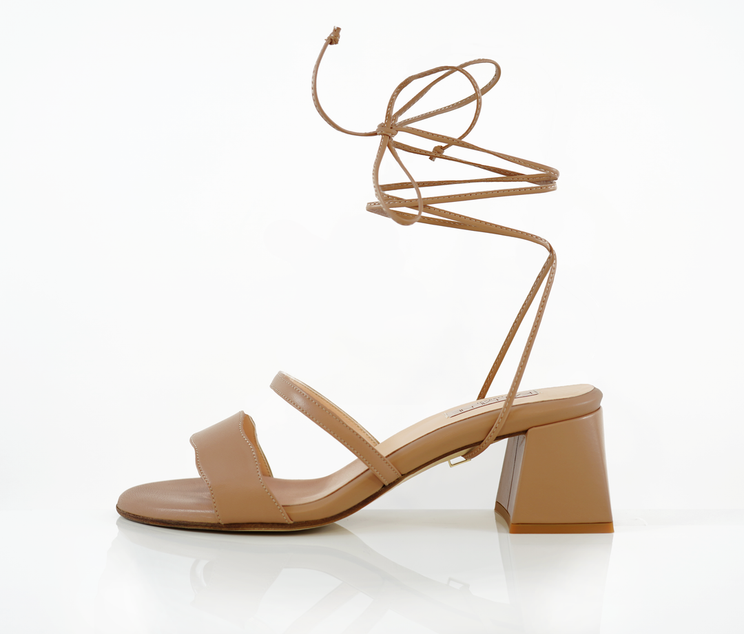 An Audrey Sandal shoe with a 50mm heel height and Rio shade and long straps